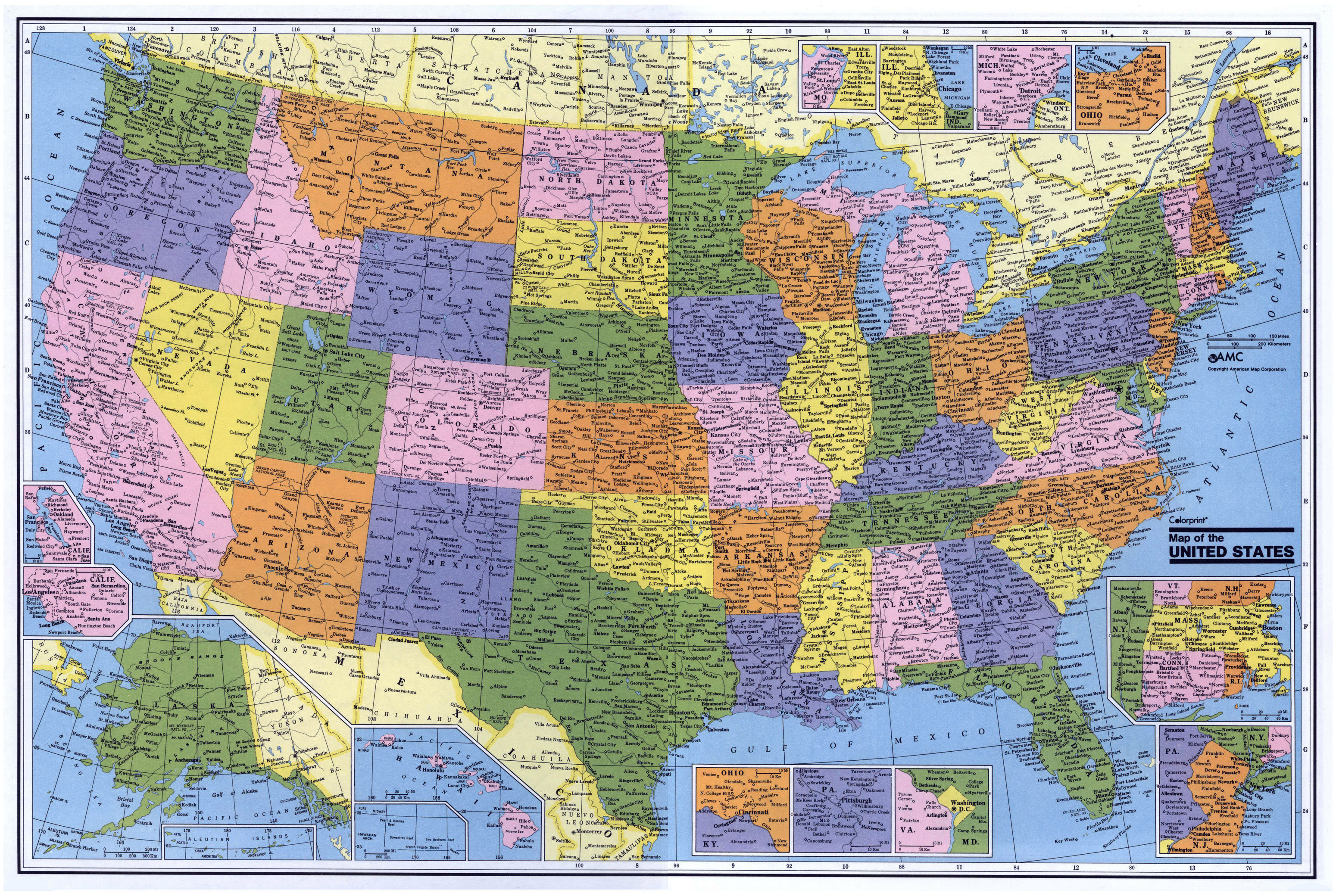 Carte administrative détaillée des États-Unis représentant l'étendue de la communauté sportive américaine